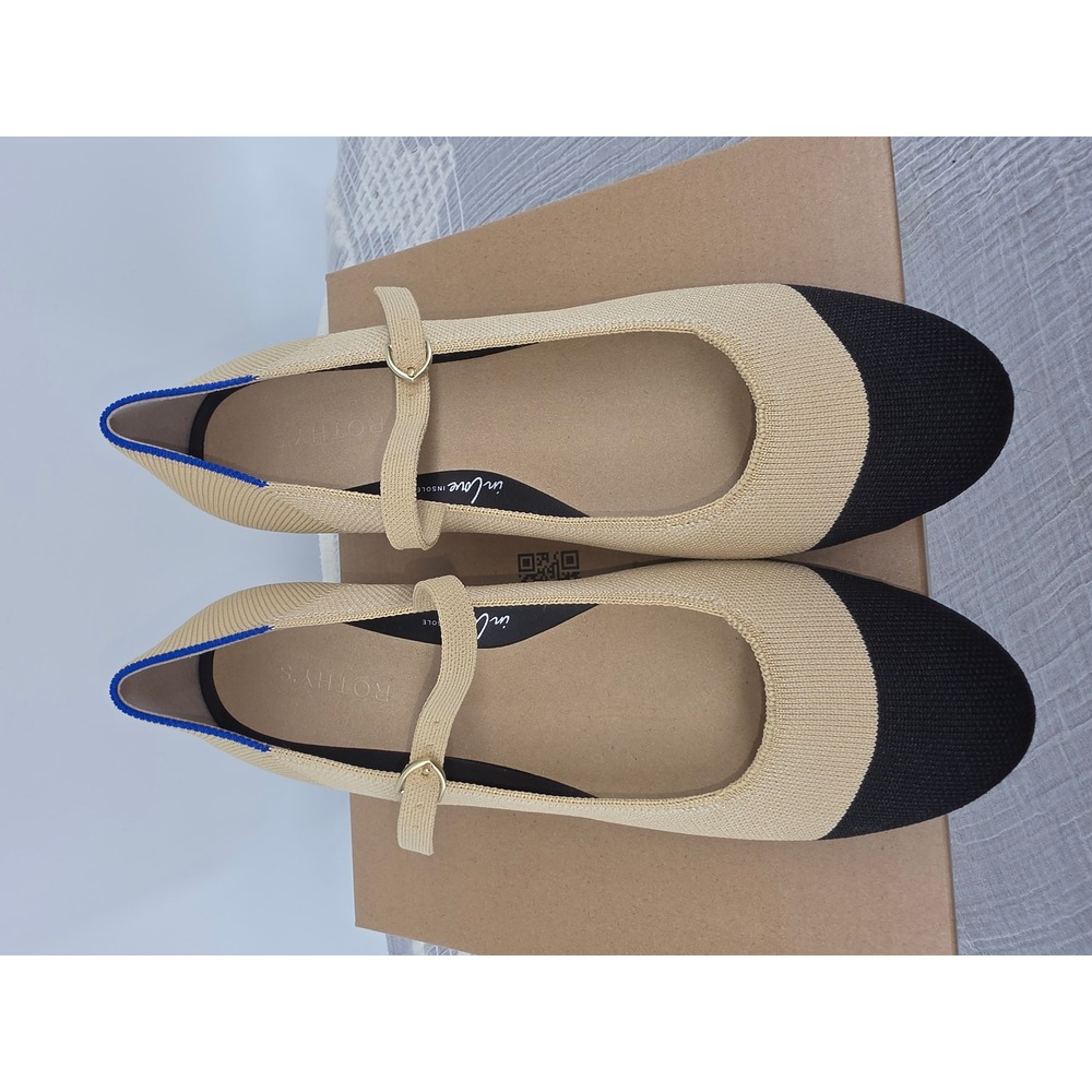 Rothy's The Mary Jane Block Heel Sand Black Cap Toe Shoes Size 9.5
